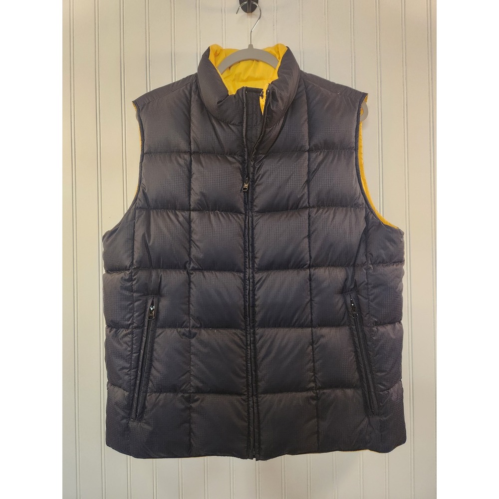 Lands End Mens Goose Down Puffer Vest Navy Blue Yellow Ripstop Medium 38-40